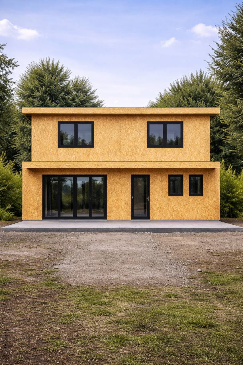 Casa modular de dois andares em Portugal — painéis SIP vs acabamento final — antes