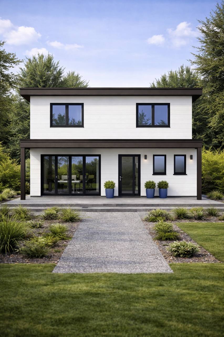 Casa modular de dois andares em Portugal — painéis SIP vs acabamento final — depois