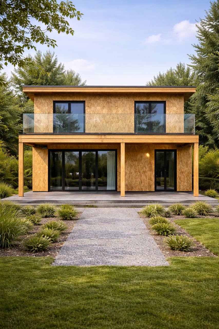 Casa modular com terraço em Portugal — fase de construção SIP vs resultado final — antes