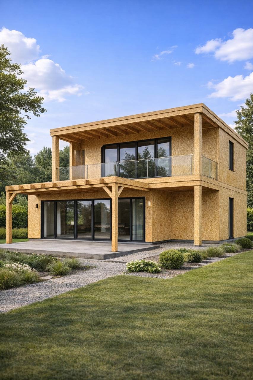 Casa moderna com pérgola em Portugal — estrutura SIP vs fachada acabada — antes