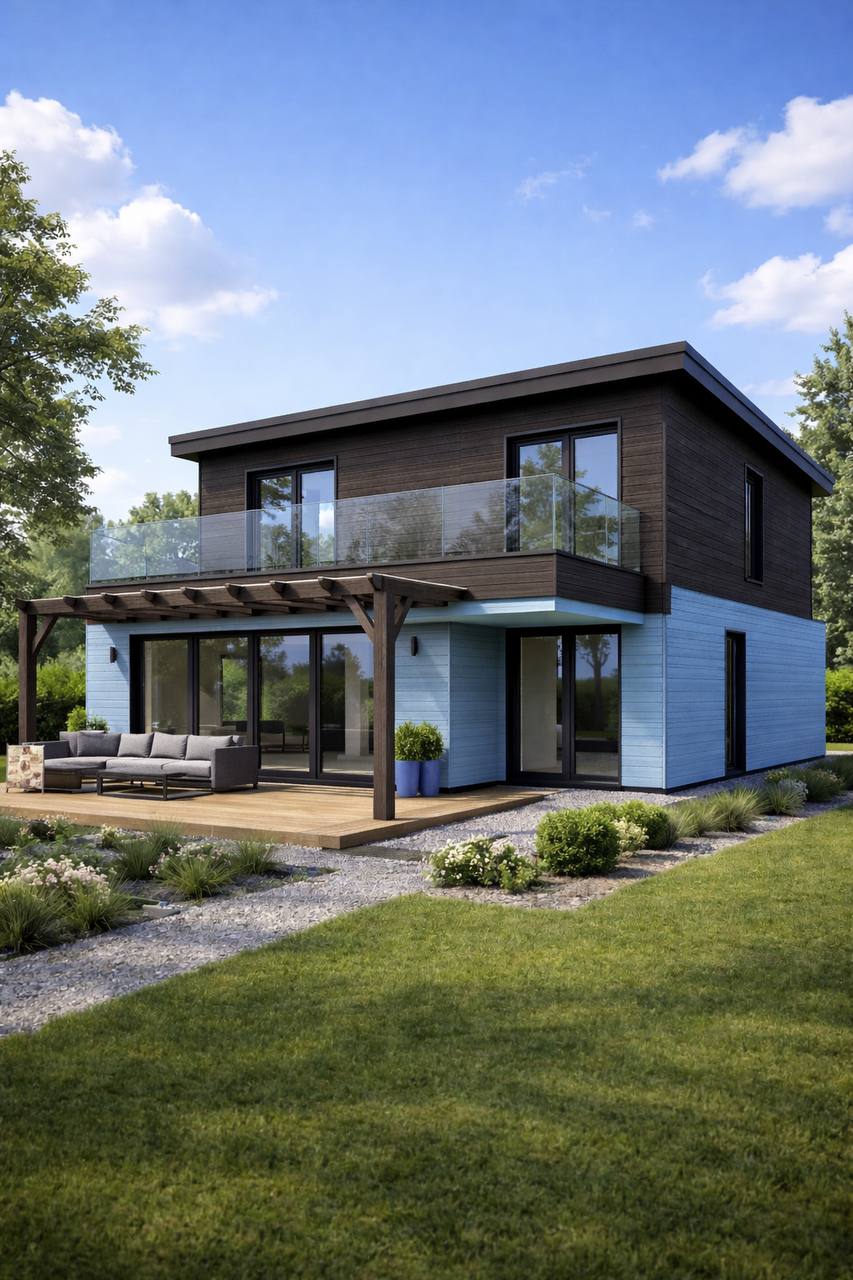 Casa moderna com pérgola em Portugal — estrutura SIP vs fachada acabada — depois