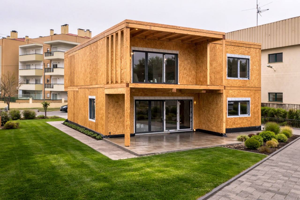 Casa pré-fabricada urbana em Portugal — construção SIP vs exterior finalizado — antes