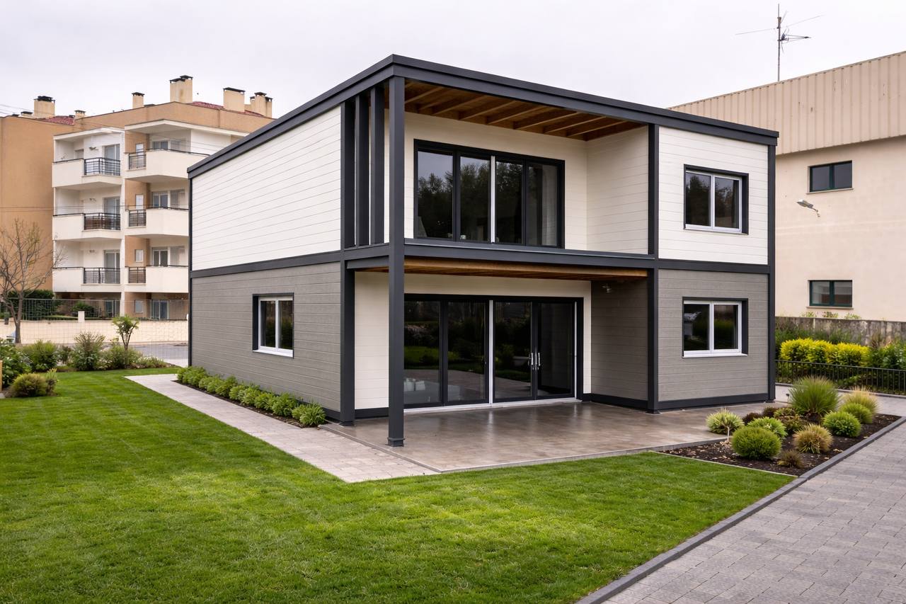Casa pré-fabricada urbana em Portugal — construção SIP vs exterior finalizado — depois