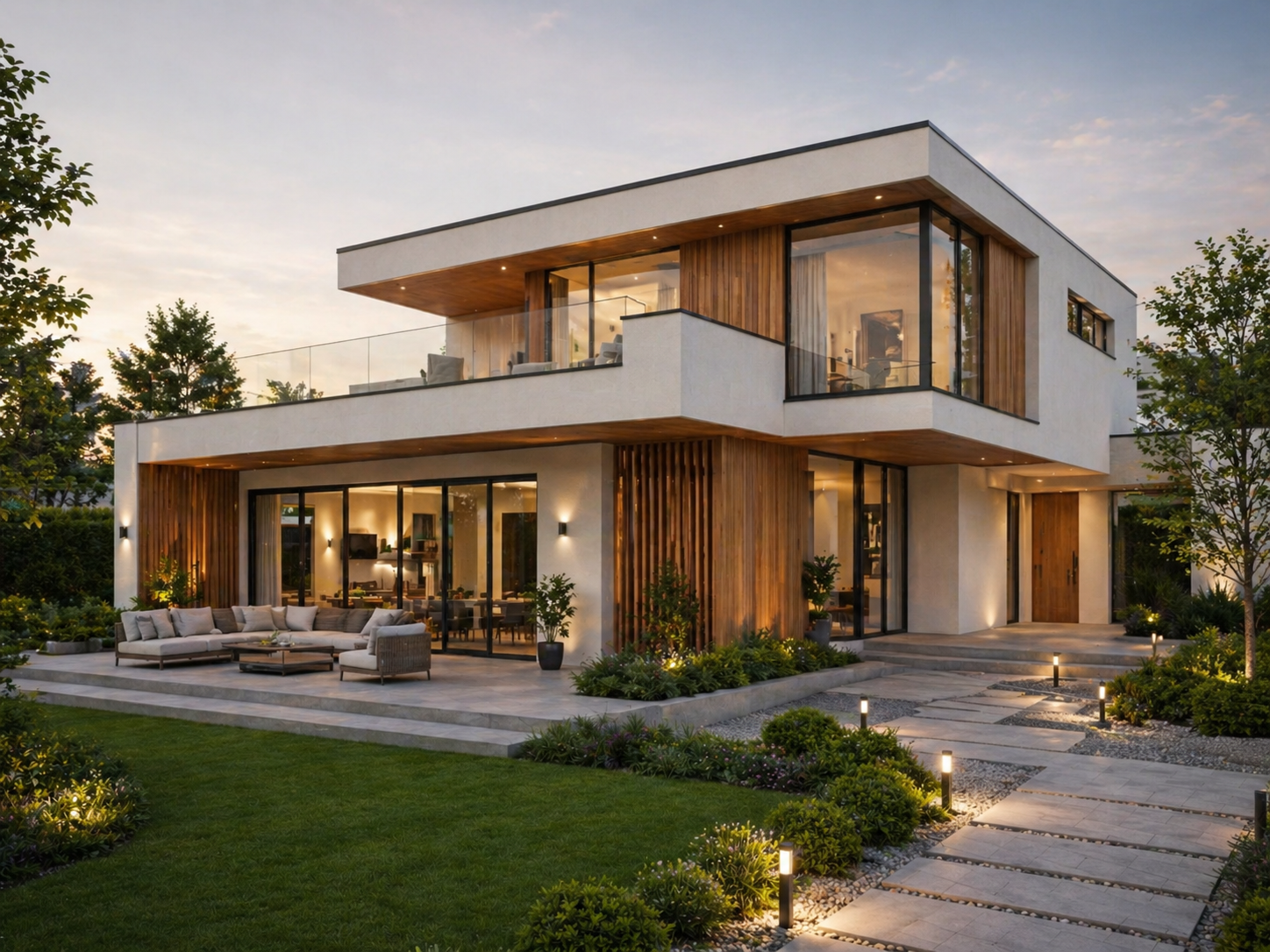 Caminho do jardim junto a uma casa SIP moderna em Portugal ao entardecer