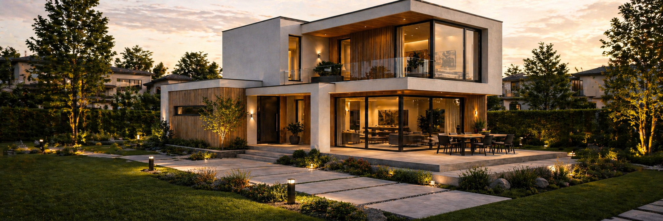 Fachada com terraço de uma casa SIP moderna em Portugal ao anoitecer