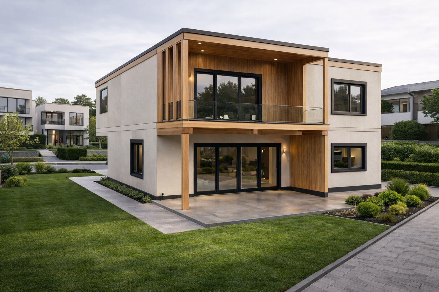 Exterior de moradia moderna em Portugal com terraço coberto e varanda no piso superior