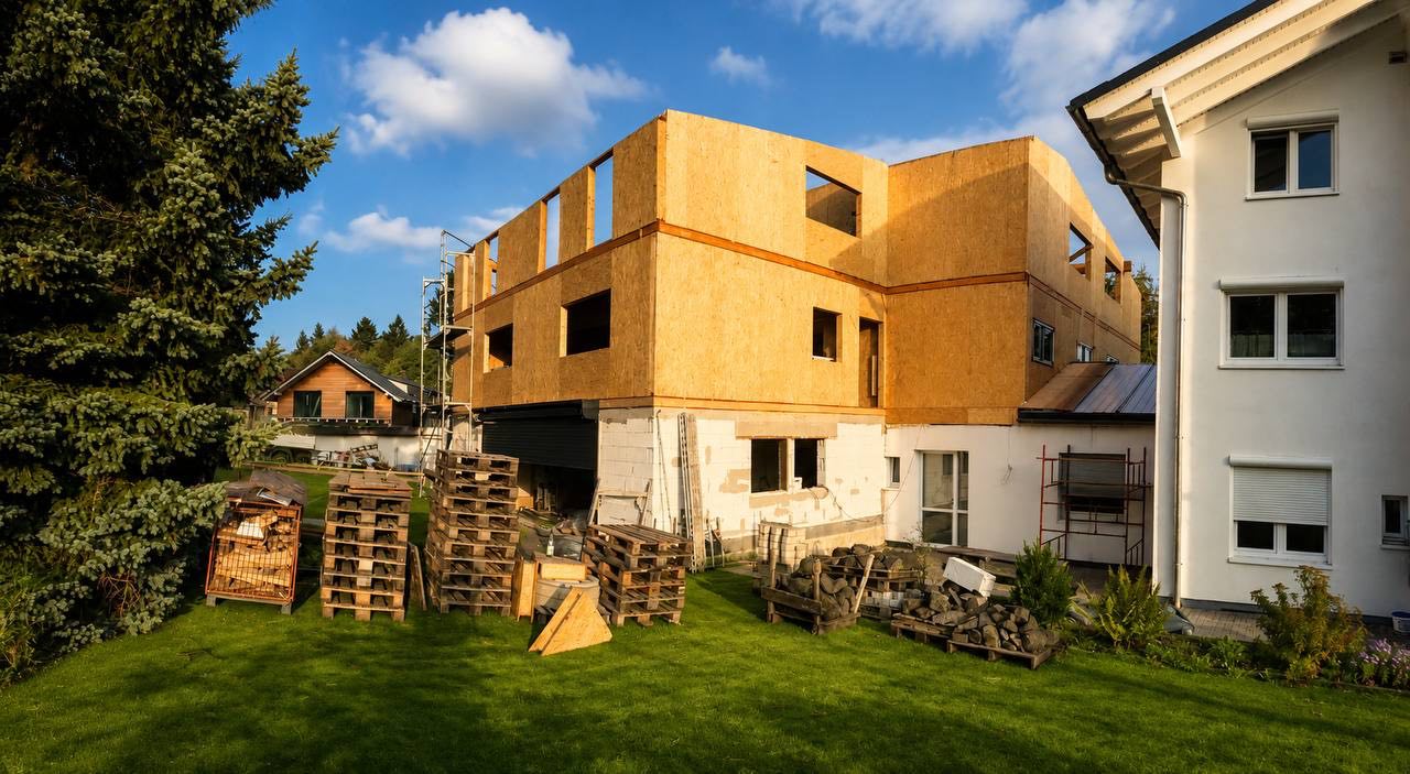 Estrutura de casa SIP de dois pisos em painéis OSB da Solcraft durante a construção