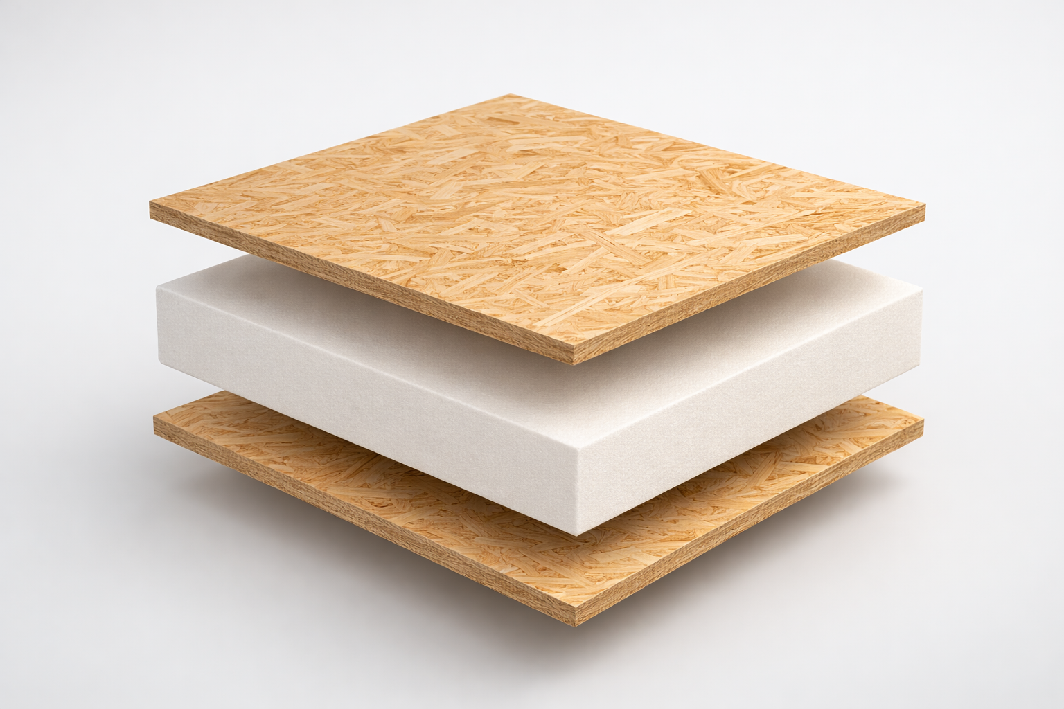 Render detalhado de painel SIP com placas OSB e núcleo isolante rígido