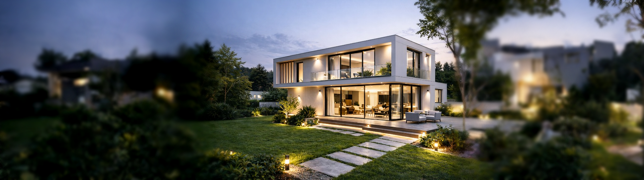 Casa modelo moderna em Portugal ao entardecer com grandes superfícies envidraçadas, iluminação interior quente e jardim paisagístico